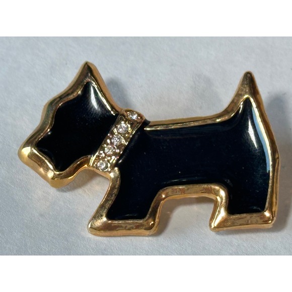 Scottie Dog Brooch Black Gold Tone Rhinestone Collar Scottish Terrier Pin - Picture 1 of 3